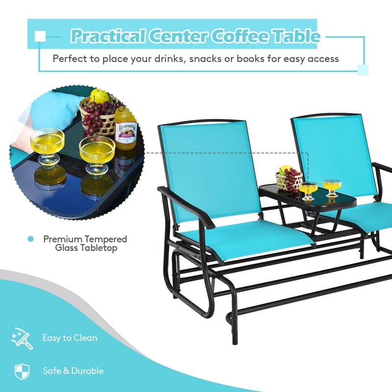 2-Person Outdoor Glider Bench with Center Table, Mesh Fabric Patio Double Rocking Loveseat Chair for Backyard, Poolside
