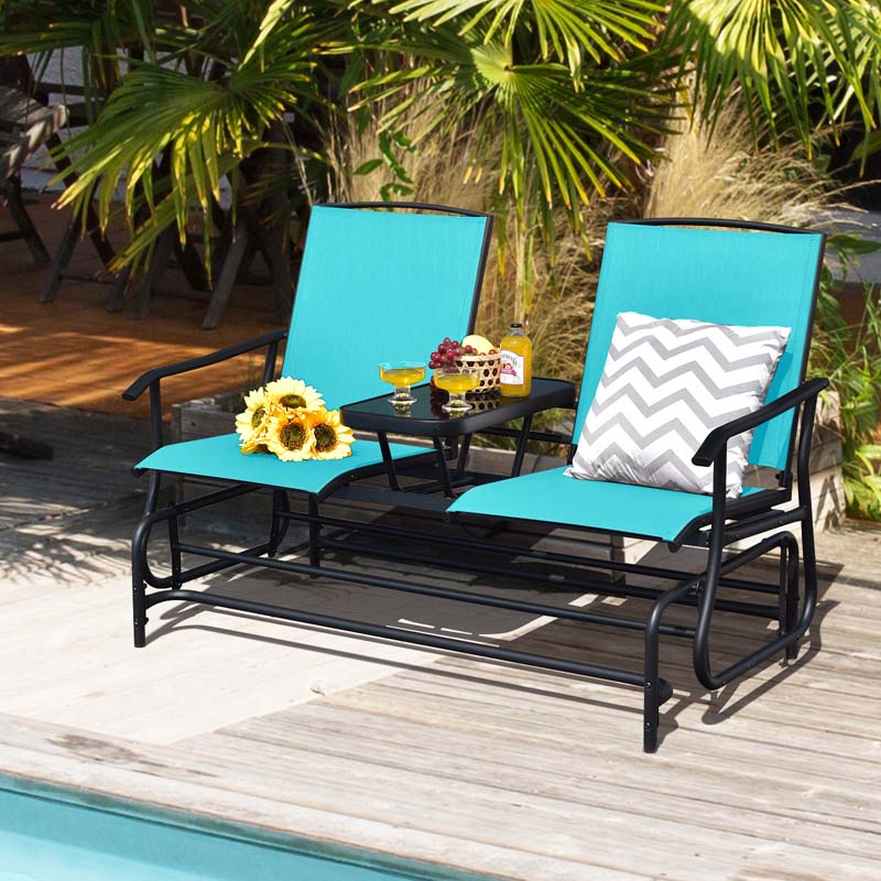 2-Person Outdoor Glider Bench with Center Table, Mesh Fabric Patio Double Rocking Loveseat Chair for Backyard, Poolside