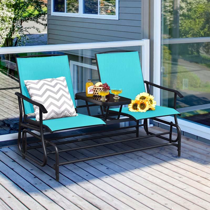 2-Person Outdoor Glider Bench with Center Table, Mesh Fabric Patio Double Rocking Loveseat Chair for Backyard, Poolside