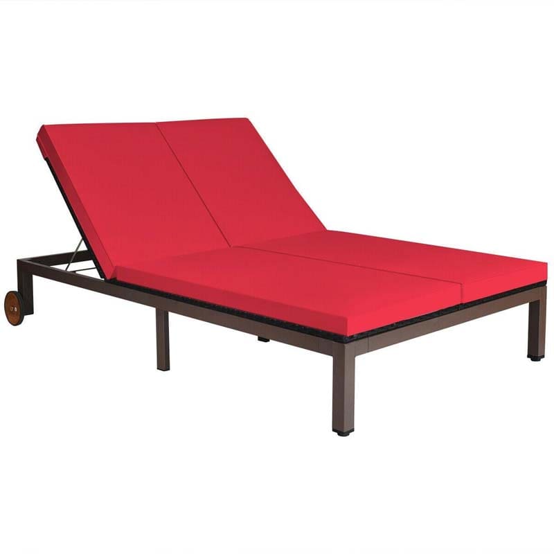 2-Person Rattan Patio Daybed, Outdoor Double Chaise Lounge Chair with Adjustable Backrest, Wheels & Cushion for Garden, Lawn & Backyard