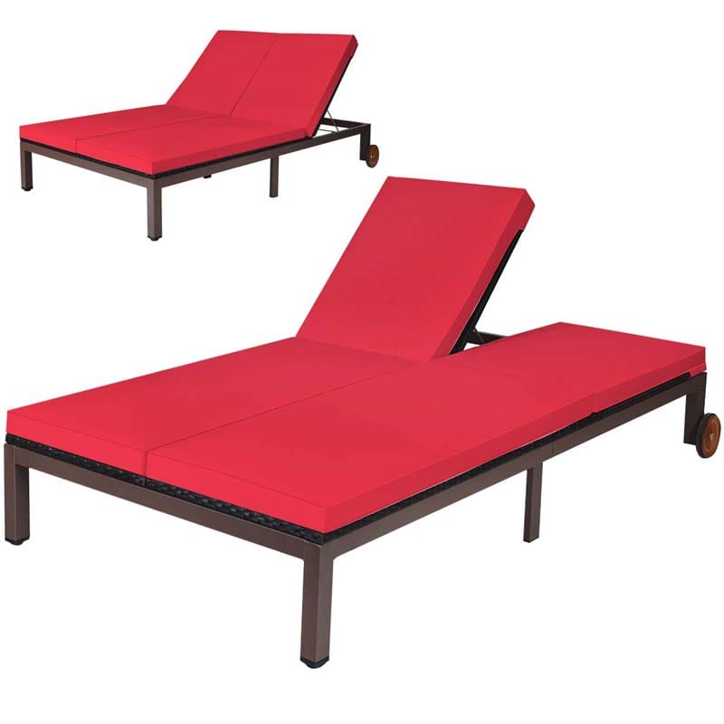 2-Person Rattan Patio Daybed, Outdoor Double Chaise Lounge Chair with Adjustable Backrest, Wheels & Cushion for Garden, Lawn & Backyard