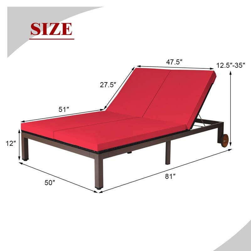 2-Person Rattan Patio Daybed, Outdoor Double Chaise Lounge Chair with Adjustable Backrest, Wheels & Cushion for Garden, Lawn & Backyard