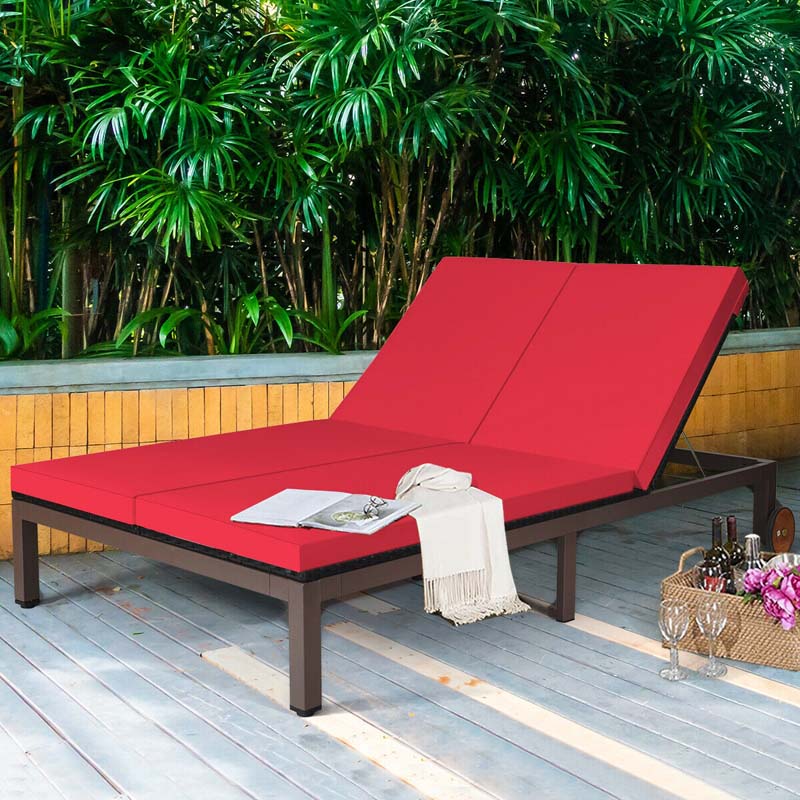 2-Person Rattan Patio Daybed, Outdoor Double Chaise Lounge Chair with Adjustable Backrest, Wheels & Cushion for Garden, Lawn & Backyard