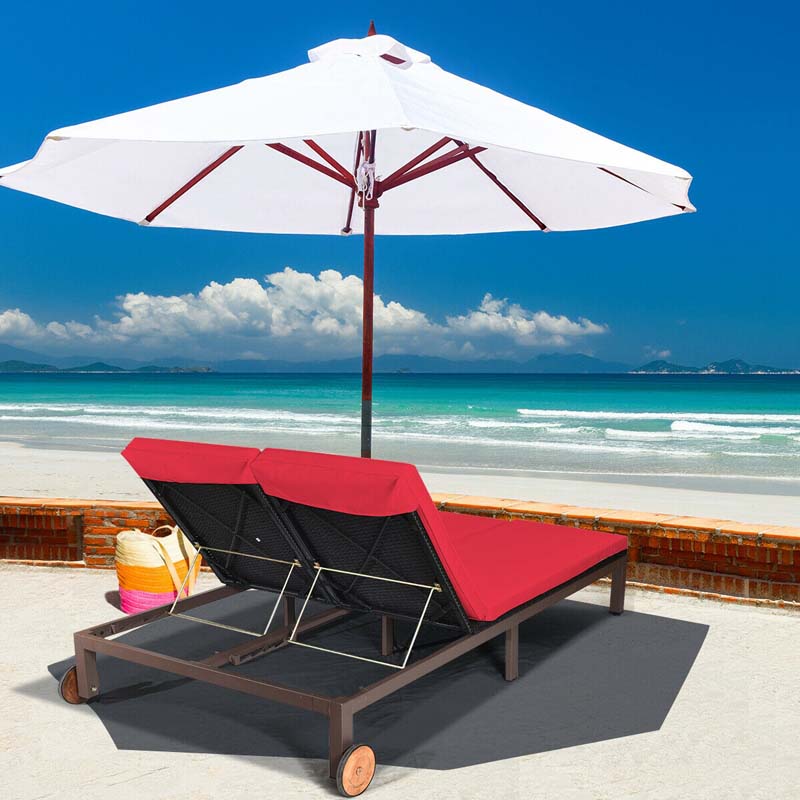 2-Person Rattan Patio Daybed, Outdoor Double Chaise Lounge Chair with Adjustable Backrest, Wheels & Cushion for Garden, Lawn & Backyard
