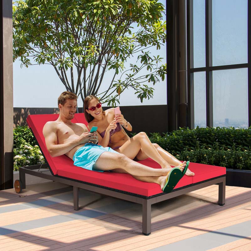 2-Person Rattan Patio Daybed, Outdoor Double Chaise Lounge Chair with Adjustable Backrest, Wheels & Cushion for Garden, Lawn & Backyard