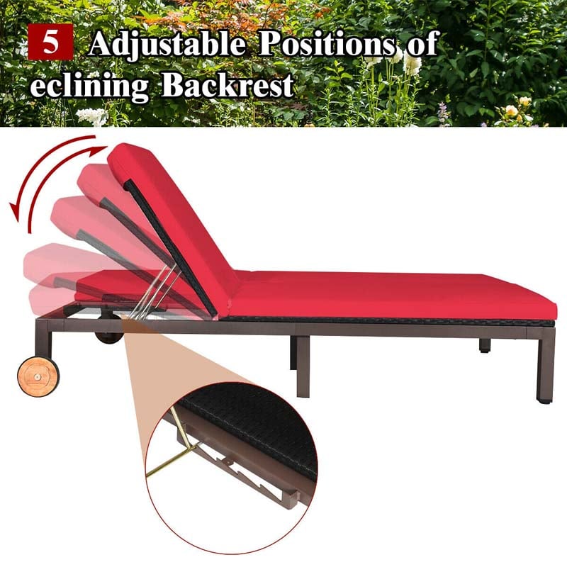 2-Person Rattan Patio Daybed, Outdoor Double Chaise Lounge Chair with Adjustable Backrest, Wheels & Cushion for Garden, Lawn & Backyard