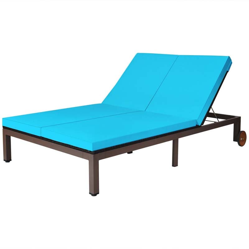 2-Person Rattan Patio Daybed, Outdoor Double Chaise Lounge Chair with Adjustable Backrest, Wheels & Cushion for Garden, Lawn & Backyard