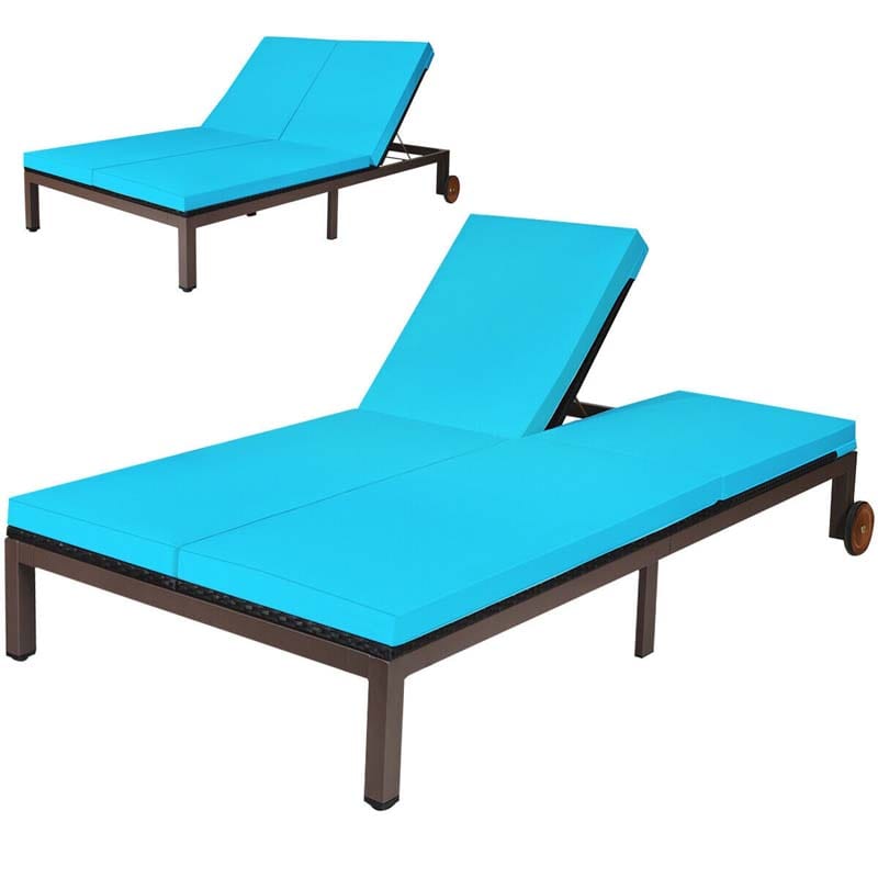 2-Person Rattan Patio Daybed, Outdoor Double Chaise Lounge Chair with Adjustable Backrest, Wheels & Cushion for Garden, Lawn & Backyard