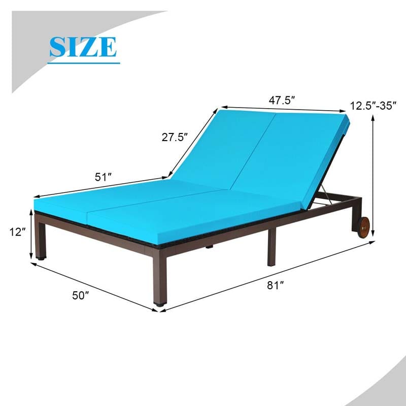 2-Person Rattan Patio Daybed, Outdoor Double Chaise Lounge Chair with Adjustable Backrest, Wheels & Cushion for Garden, Lawn & Backyard