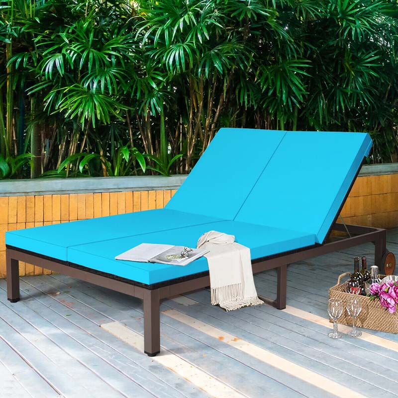 2-Person Rattan Patio Daybed, Outdoor Double Chaise Lounge Chair with Adjustable Backrest, Wheels & Cushion for Garden, Lawn & Backyard