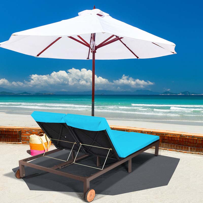 2-Person Rattan Patio Daybed, Outdoor Double Chaise Lounge Chair with Adjustable Backrest, Wheels & Cushion for Garden, Lawn & Backyard