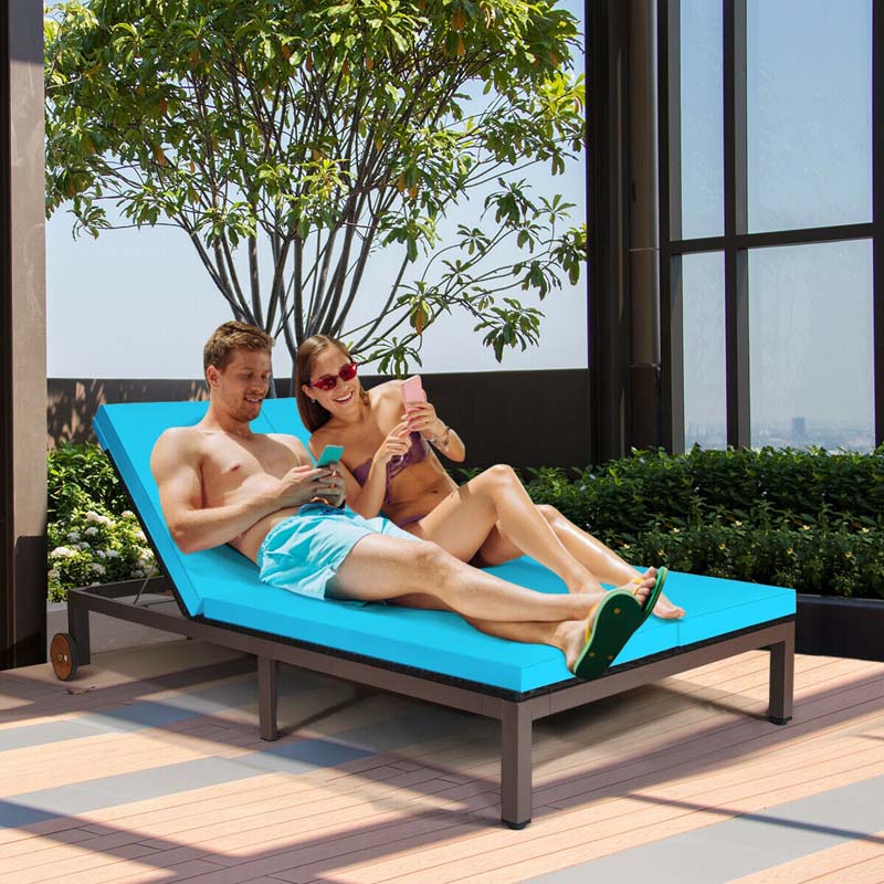 2-Person Rattan Patio Daybed, Outdoor Double Chaise Lounge Chair with Adjustable Backrest, Wheels & Cushion for Garden, Lawn & Backyard