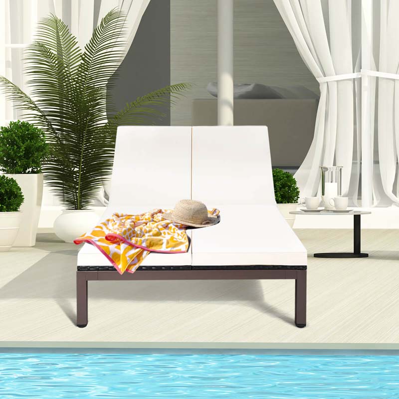 2-Person Rattan Patio Daybed, Outdoor Double Chaise Lounge Chair with Adjustable Backrest, Wheels & Cushion for Garden, Lawn & Backyard