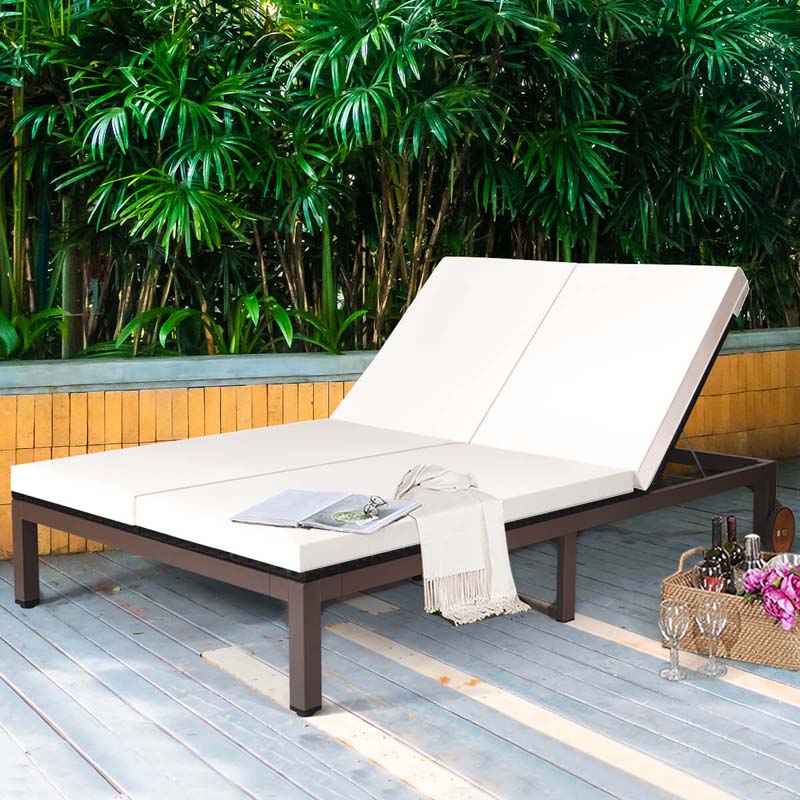 2-Person Rattan Patio Daybed, Outdoor Double Chaise Lounge Chair with Adjustable Backrest, Wheels & Cushion for Garden, Lawn & Backyard