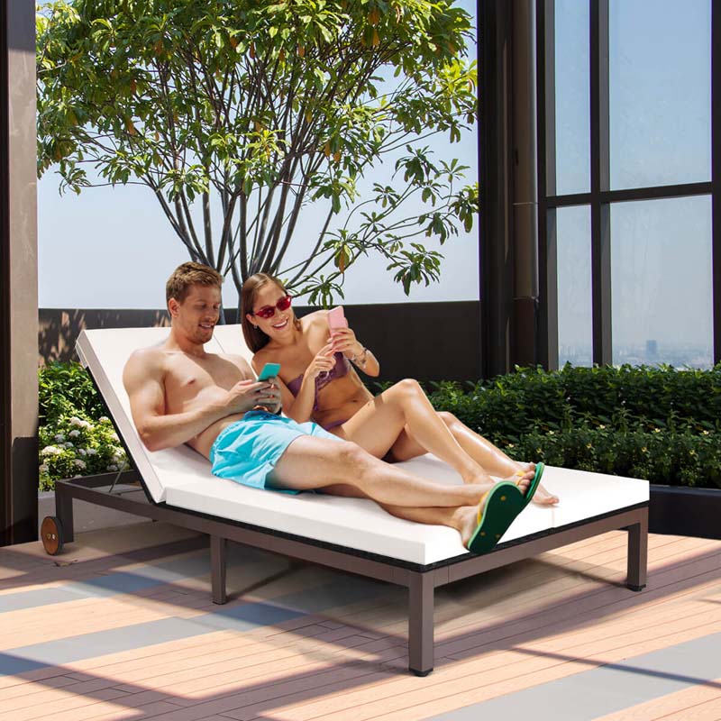 2-Person Rattan Patio Daybed, Outdoor Double Chaise Lounge Chair with Adjustable Backrest, Wheels & Cushion for Garden, Lawn & Backyard