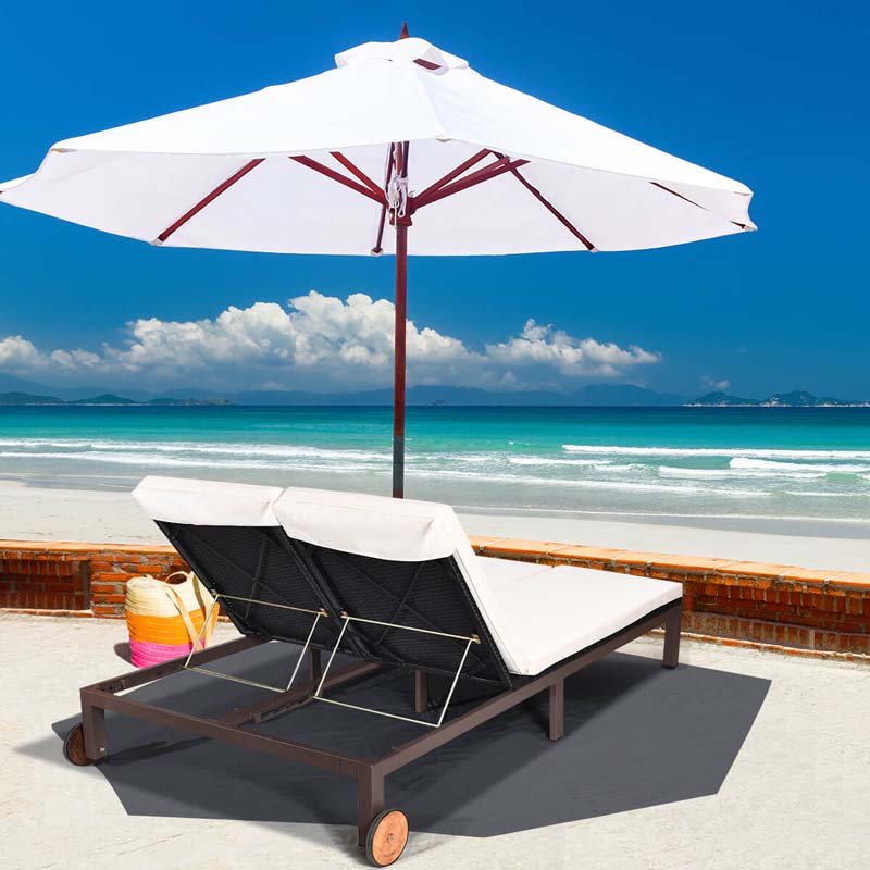 2-Person Rattan Patio Daybed, Outdoor Double Chaise Lounge Chair with Adjustable Backrest, Wheels & Cushion for Garden, Lawn & Backyard