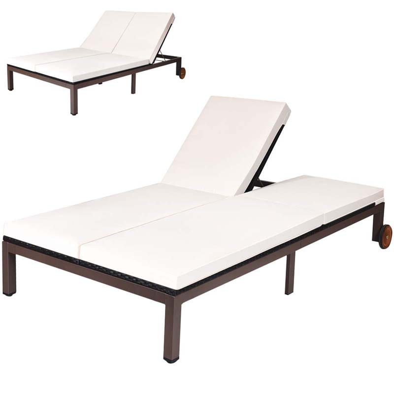 2-Person Rattan Patio Daybed, Outdoor Double Chaise Lounge Chair with Adjustable Backrest, Wheels & Cushion for Garden, Lawn & Backyard