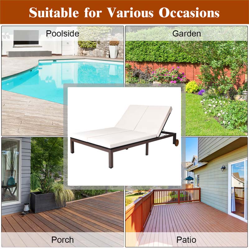 2-Person Rattan Patio Daybed, Outdoor Double Chaise Lounge Chair with Adjustable Backrest, Wheels & Cushion for Garden, Lawn & Backyard
