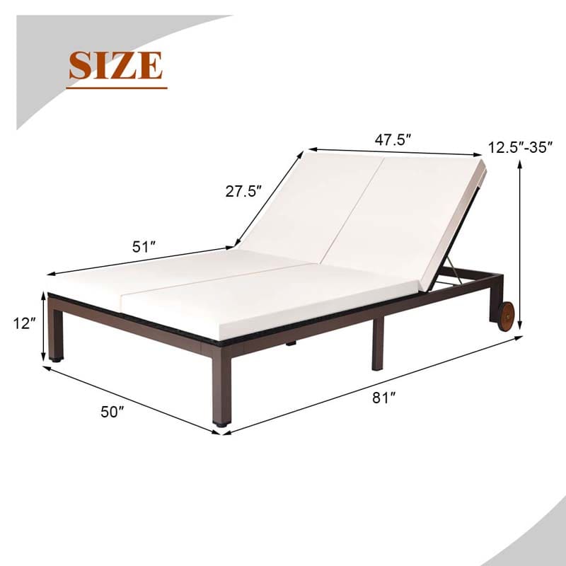 2-Person Rattan Patio Daybed, Outdoor Double Chaise Lounge Chair with Adjustable Backrest, Wheels & Cushion for Garden, Lawn & Backyard
