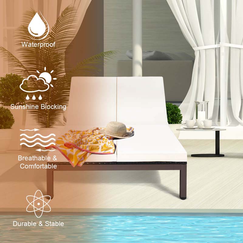 2-Person Rattan Patio Daybed, Outdoor Double Chaise Lounge Chair with Adjustable Backrest, Wheels & Cushion for Garden, Lawn & Backyard