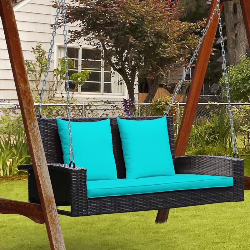 2-Person Rattan Wicker Outdoor Patio Hanging Porch Swing Bench Chair with Sturdy Steel Chain & Cushions