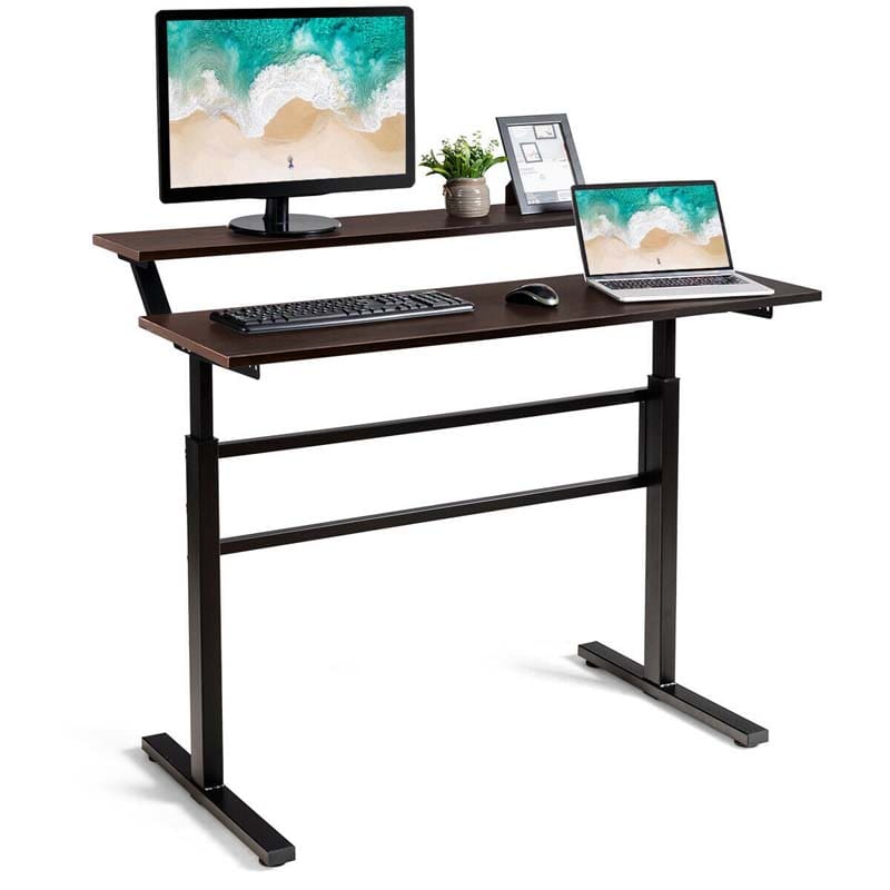 2-Tier Standing Desk, Height Adjustable Sit Stand Up Desk, Computer Desk Workstation with Monitor Stand & Foldable Crank Handle