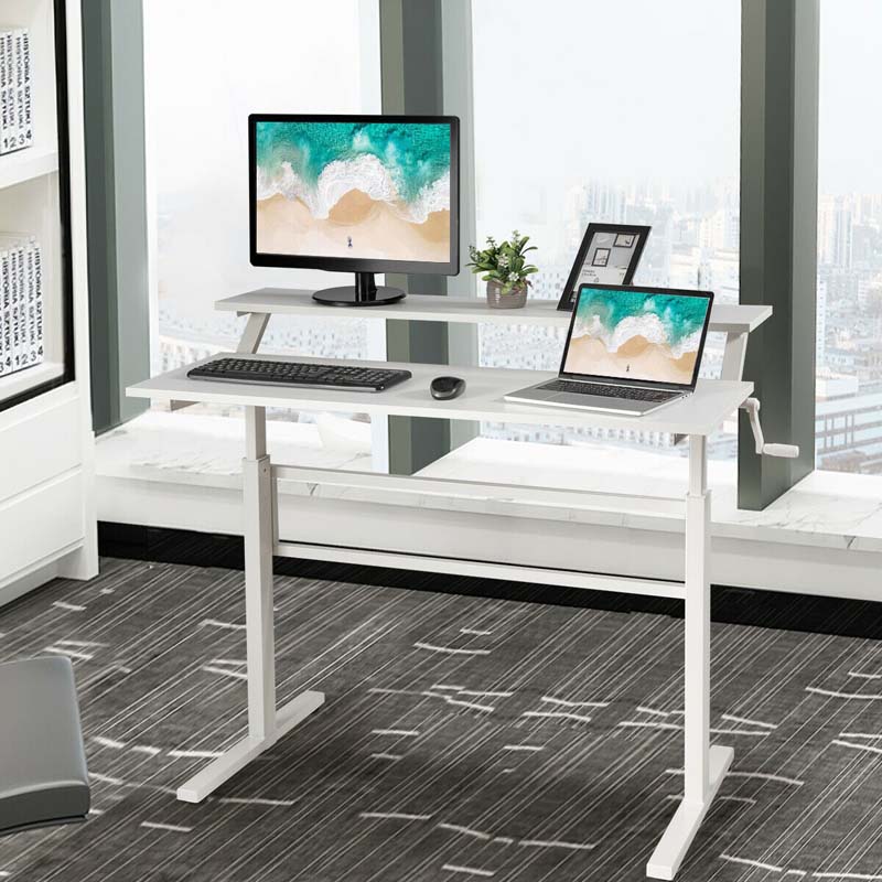 2-Tier Standing Desk, Height Adjustable Sit Stand Up Desk, Computer Desk Workstation with Monitor Stand & Foldable Crank Handle