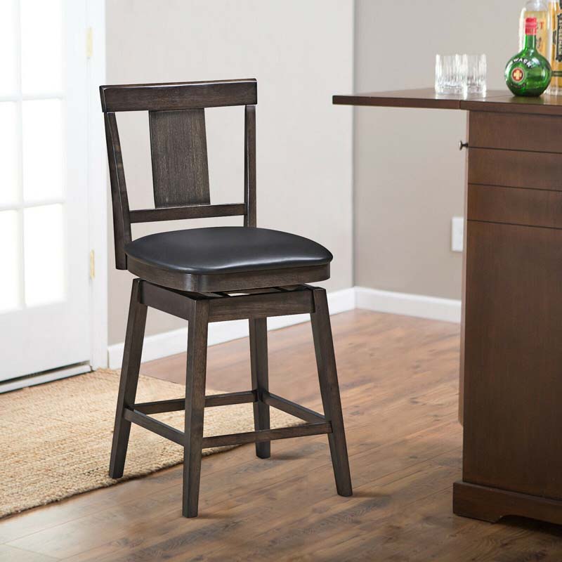 24"/29" Classic Wooden Swivel Bar Stool Leather Padded Bar Height Chair with Slat Back & Rubber Wood Legs