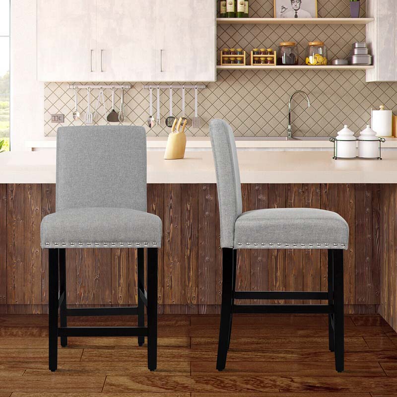25" Linen Fabric Bar Stools Set of 2, Upholstered Counter Height Dining Chairs for Kitchen Island Pub Bistro