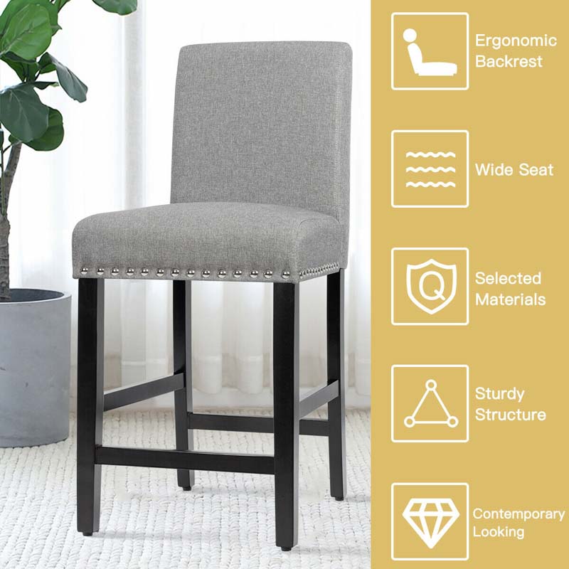 25" Linen Fabric Bar Stools Set of 2, Upholstered Counter Height Dining Chairs for Kitchen Island Pub Bistro