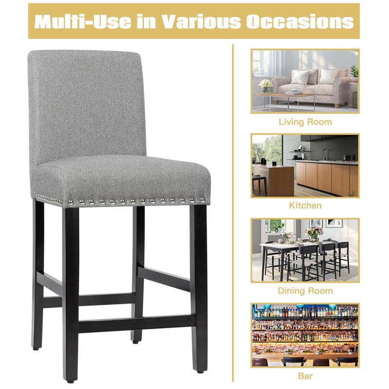 25" Linen Fabric Bar Stools Set of 2, Upholstered Counter Height Dining Chairs for Kitchen Island Pub Bistro