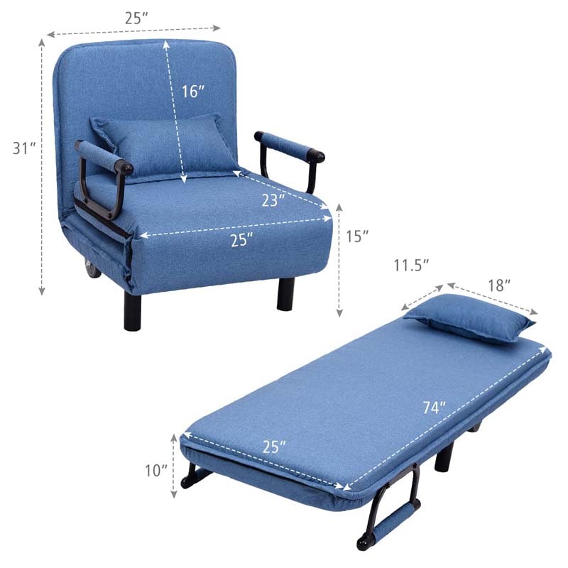 3-in-1 Convertible Sofa Bed, Folding Sleeper Chair with 5-Position Adjustable Backrest, Pillow, Hidden Legs & Wheels for Living Room Office