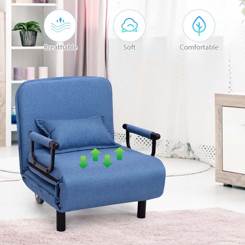 3-in-1 Convertible Sofa Bed, Folding Sleeper Chair with 5-Position Adjustable Backrest, Pillow, Hidden Legs & Wheels for Living Room Office