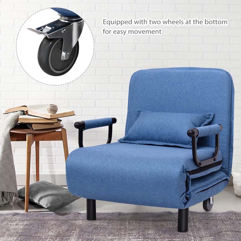 3-in-1 Convertible Sofa Bed, Folding Sleeper Chair with 5-Position Adjustable Backrest, Pillow, Hidden Legs & Wheels for Living Room Office