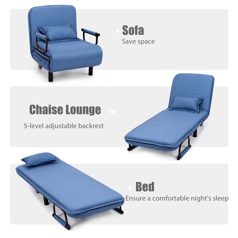 3-in-1 Convertible Sofa Bed, Folding Sleeper Chair with 5-Position Adjustable Backrest, Pillow, Hidden Legs & Wheels for Living Room Office