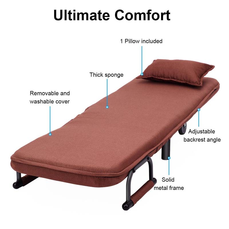 3-in-1 Convertible Sofa Bed, Folding Sleeper Chair with 5-Position Adjustable Backrest, Pillow, Hidden Legs & Wheels for Living Room Office