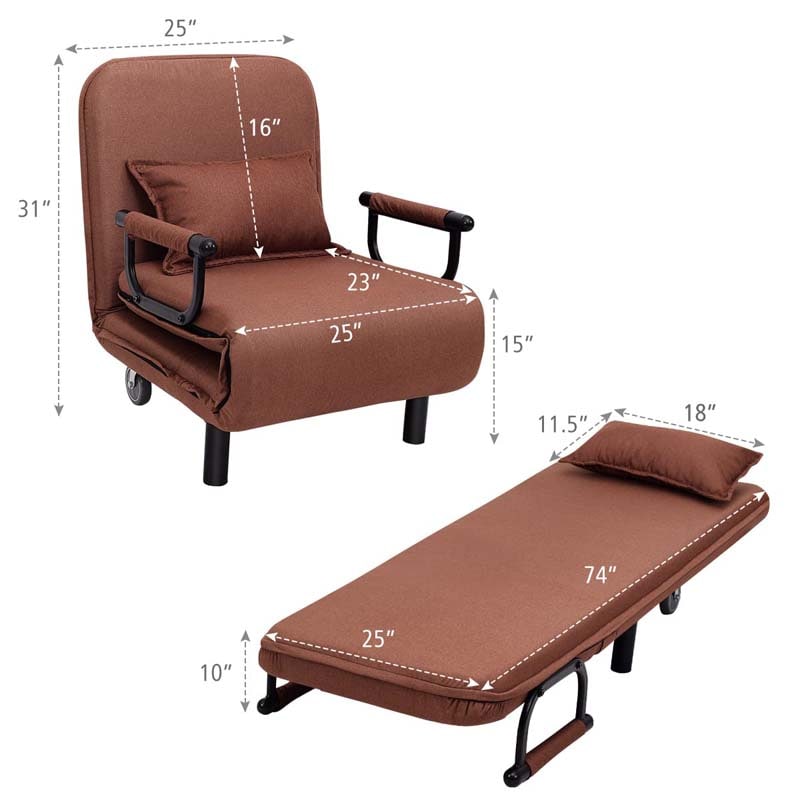 3-in-1 Convertible Sofa Bed, Folding Sleeper Chair with 5-Position Adjustable Backrest, Pillow, Hidden Legs & Wheels for Living Room Office