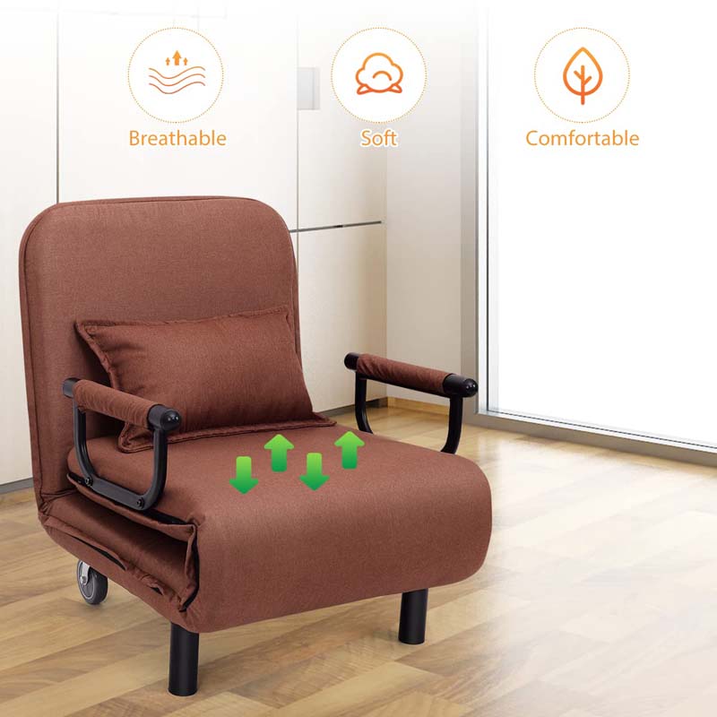 3-in-1 Convertible Sofa Bed, Folding Sleeper Chair with 5-Position Adjustable Backrest, Pillow, Hidden Legs & Wheels for Living Room Office