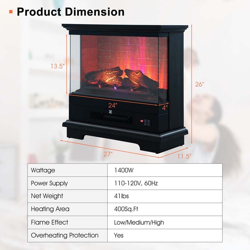 27" Freestanding Fireplace, 1400W Electric Fireplace Heater with 3-Level Vivid Flame & Thermostat Control