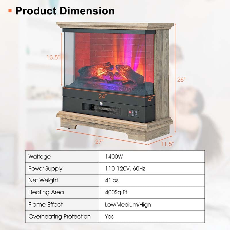 27" Freestanding Fireplace, 1400W Electric Fireplace Heater with 3-Level Vivid Flame & Thermostat Control