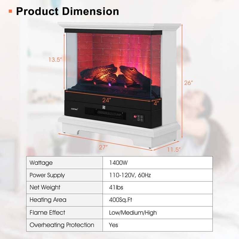27" Freestanding Fireplace, 1400W Electric Fireplace Heater with 3-Level Vivid Flame & Thermostat Control