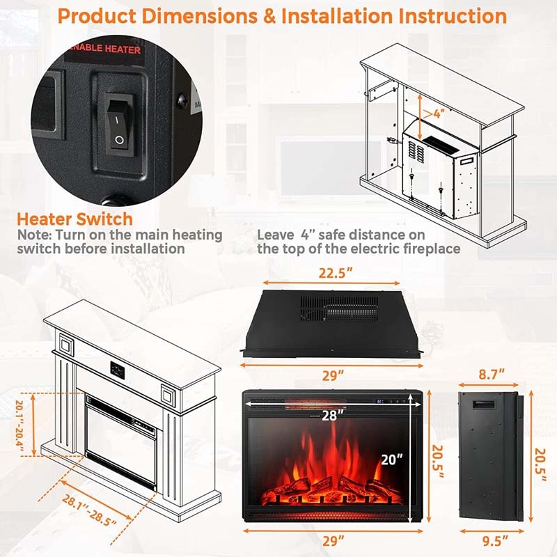 28" Electric Fireplace Heater with Flame Effect, Wall Mounted & Freestanding Electric Fireplace Insert