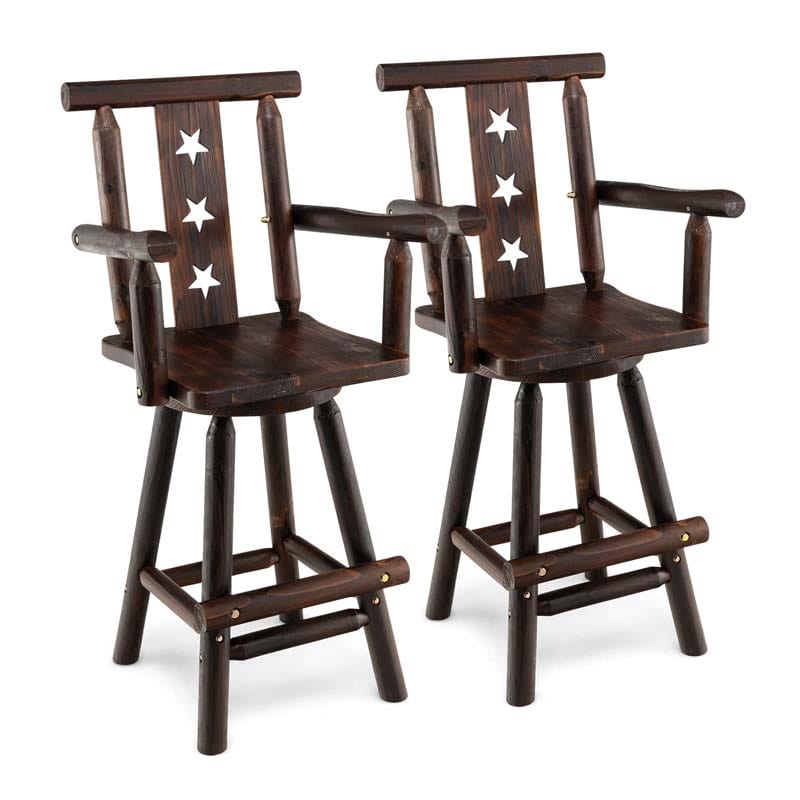 29" Rustic Swivel Bar Stool with Decorative Star Backrest, Solid Fir Wood Bar Chair for Dining Room Kitchen Pub