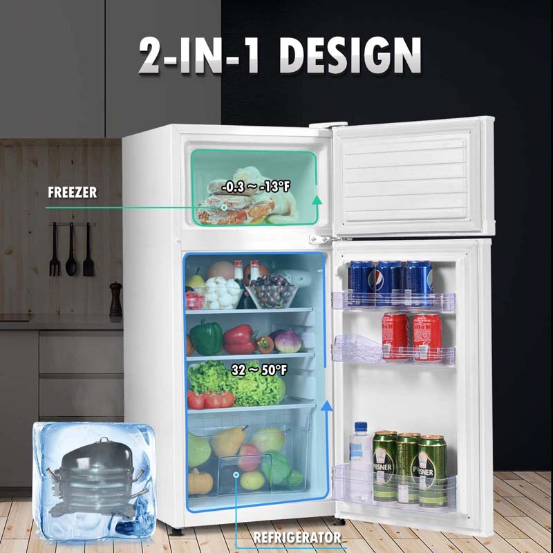 3.4 Cu.Ft Classic Compact Refrigerator 2-Door Cold-rolled Sheet Freezer with Removable Glass Shelves