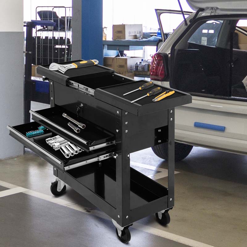 4-Tier Rolling Tool Cart with Lockable Drawers & Sliding Top, Heavy-Duty Steel Tool Storage Organizer on Wheels for Garage, Workshop & Warehouse