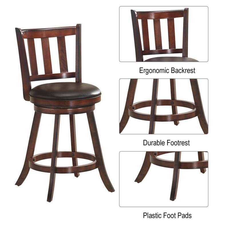 Upholstered Swivel Bar Stools Set of 2, Counter Height Dining Chairs with Back & PVC Cushioned Seat for Kitchen Island, Pub, Living Room