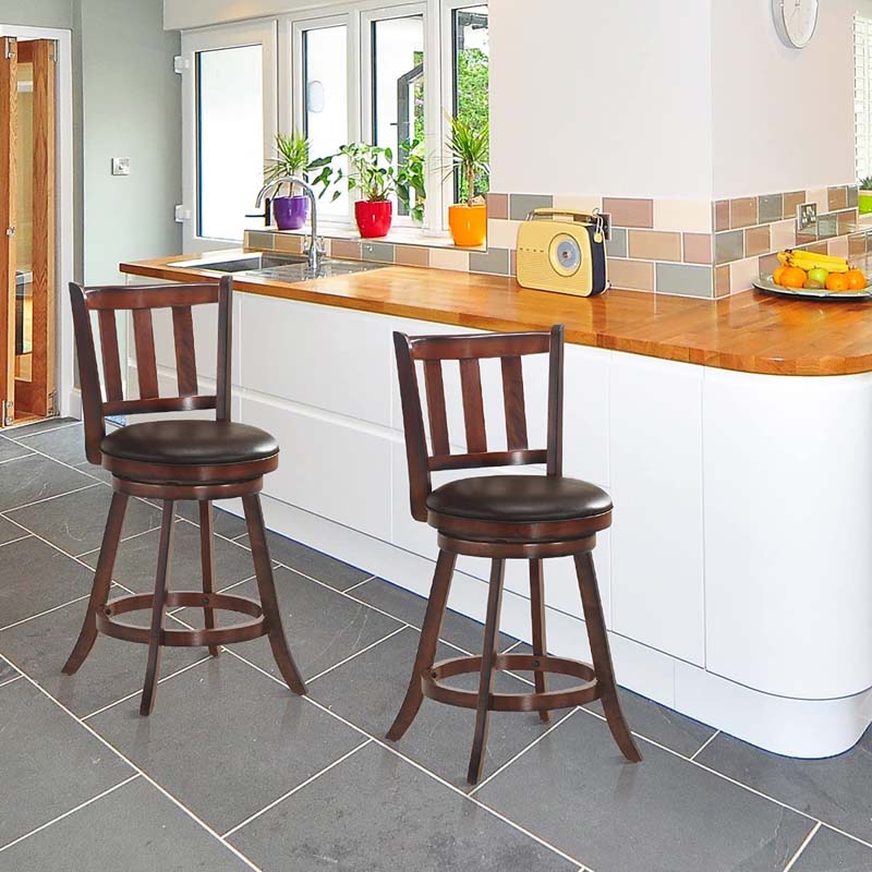 Upholstered Swivel Bar Stools Set of 2, Counter Height Dining Chairs with Back & PVC Cushioned Seat for Kitchen Island, Pub, Living Room