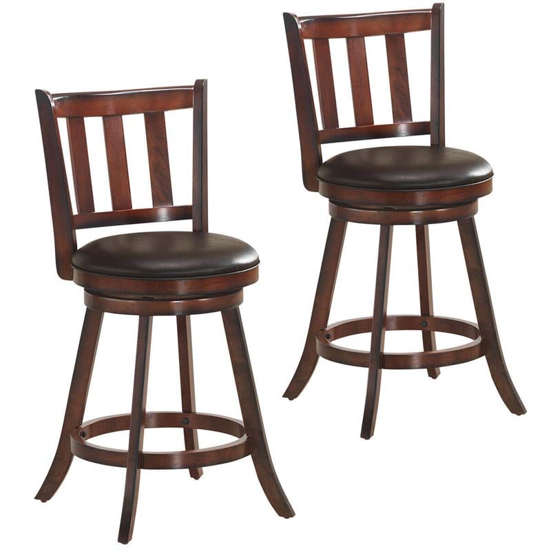 Upholstered Swivel Bar Stools Set of 2, Counter Height Dining Chairs with Back & PVC Cushioned Seat for Kitchen Island, Pub, Living Room