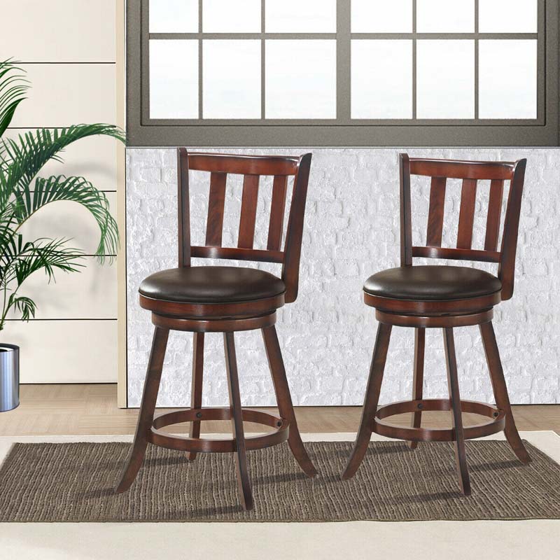 Upholstered Swivel Bar Stools Set of 2, Counter Height Dining Chairs with Back & PVC Cushioned Seat for Kitchen Island, Pub, Living Room