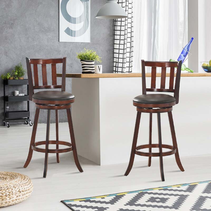 Upholstered Swivel Bar Stools Set of 2, Counter Height Dining Chairs with Back & PVC Cushioned Seat for Kitchen Island, Pub, Living Room